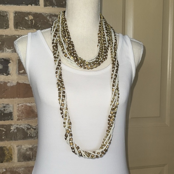 Stunning White & Gold Beaded Multi-Strand Twist Necklace & Bracelet Set Unique - Picture 14 of 16
